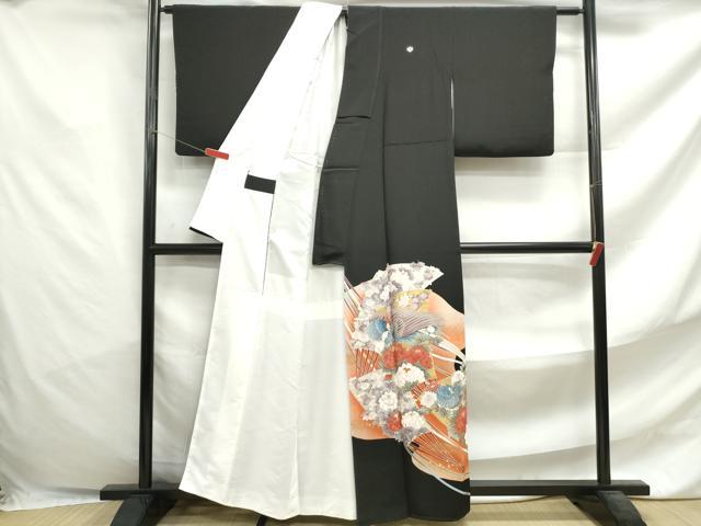 平和屋着物■豪華黒留袖 刺繍 扇面花鳥文 金銀彩 正絹 逸品 DABF4720qa