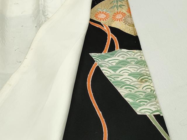平和屋着物■豪華黒留袖 駒刺繍 扇面飛鶴花文 金彩 正絹 逸品 DABF4722qa