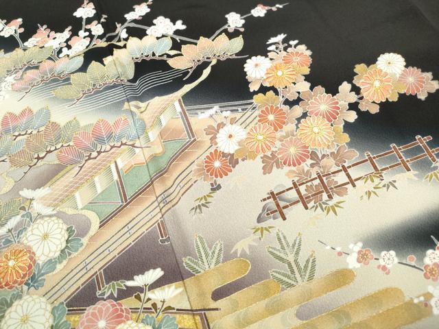 平和屋着物■豪華黒留袖 作家物 駒刺繍 風景花文 暈し染め 金彩 正絹 逸品 DABF4724qa