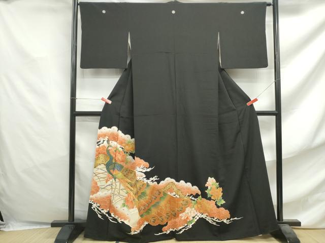 平和屋着物■豪華黒留袖 駒刺繍 孔雀花文 金彩 正絹 逸品 DABF4739qa