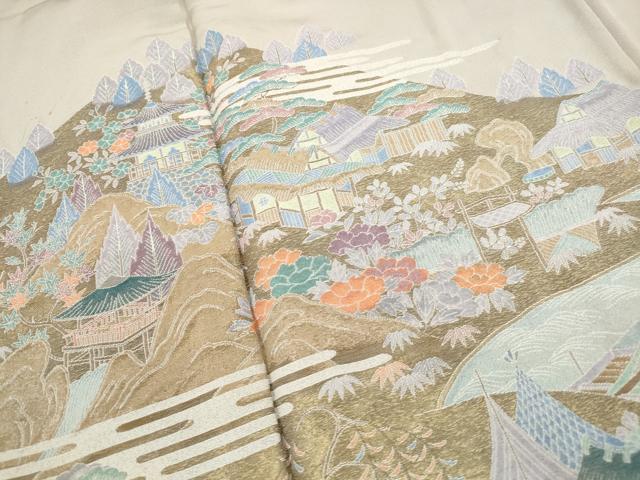 平和屋着物■豪華色留袖 寿光織 風景花文 暈し染め 金糸 正絹 逸品 DABF4881qa