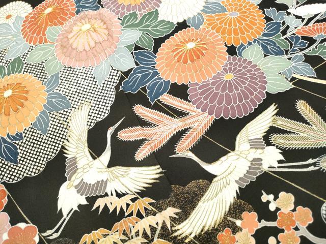 平和屋着物■豪華黒留袖 駒刺繍 飛鶴花文 金彩 正絹 逸品 DABF4908qa