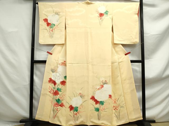 訪問着　フルセット　四季草花　手刺繍　高島屋　華やか　クリーム色　入学式　H9 平和屋着物□訪問着 手描き 駒刺繍 草花文 正絹 逸品 DABF4917qa