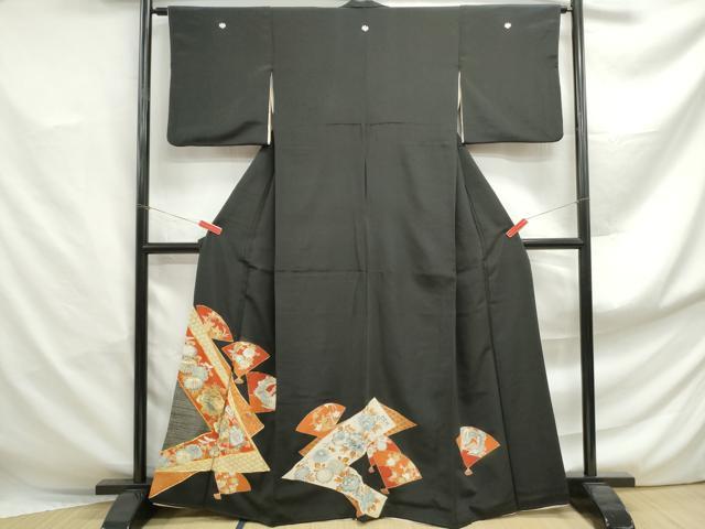 平和屋着物■豪華黒留袖 駒刺繍 扇面花鳥文 金彩 正絹 逸品 DABF4919qa