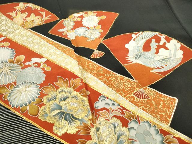平和屋着物■豪華黒留袖 駒刺繍 扇面花鳥文 金彩 正絹 逸品 DABF4919qa