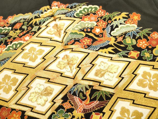平和屋着物■豪華黒留袖 駒刺繍 松皮菱花鳥文 金彩 正絹 逸品 DABF4921qa