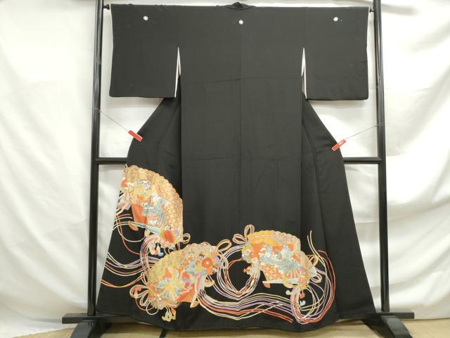平和屋着物■豪華黒留袖 駒刺繍 扇面花鳥文 金彩 正絹 逸品 DABF4942qa
