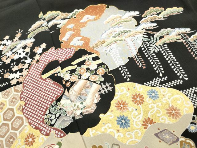 平和屋着物■豪華黒留袖 刺繍 雪輪花鳥文 金彩 正絹 逸品 DABF4944qa