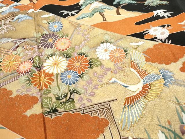 平和屋着物■豪華黒留袖 駒刺繍 風景飛鶴花文 金彩 正絹 逸品 DABF4945qa