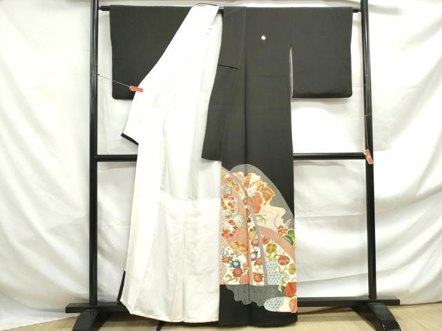 平和屋着物■豪華黒留袖 駒刺繍 扇面花文 金彩 正絹 逸品 DABF4971qa