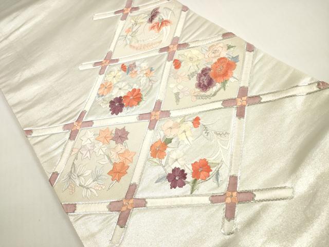 平和屋着物◎太鼓柄袋帯 駒刺繍 総刺繍 天井花丸文 銀糸 正絹 逸品 DABF5024xg