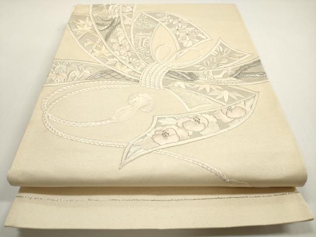 平和屋着物◎太鼓柄袋帯 総刺繍 束ね熨斗鳳凰草花文 銀糸 正絹 逸品 DABF5065xg