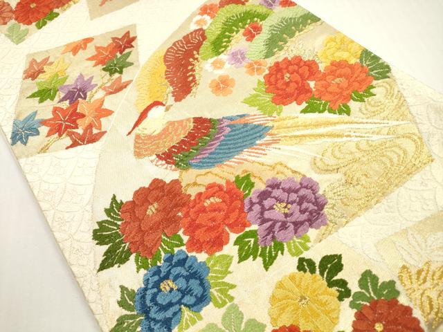 平和屋着物◎六通柄袋帯 唐織 地紙色紙重ね花鳥文 金糸 正絹 逸品 DABF5080xg