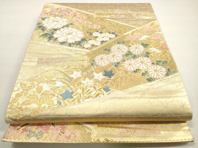 平和屋着物◎六通柄袋帯 唐織 扇子花文 金糸 正絹 逸品 DABF5094xg