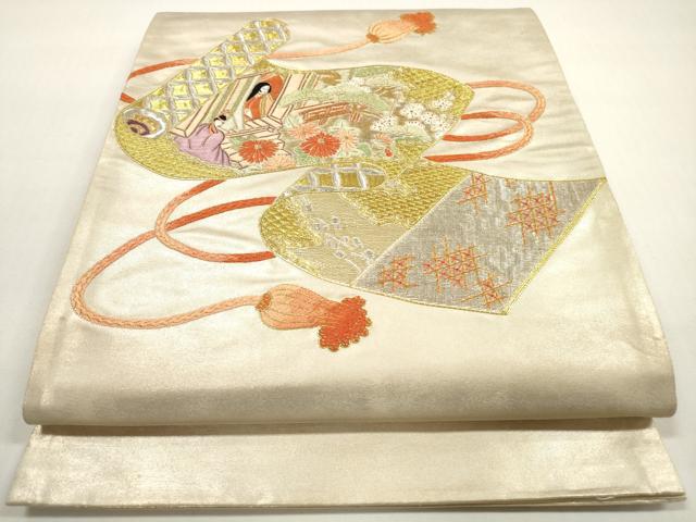 平和屋着物◎太鼓柄袋帯 総刺繍 駒刺繍 絵巻人物風景文 金銀糸 正絹 逸品 DABF5104xg