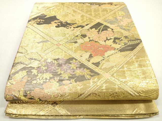 平和屋着物◎佐賀錦 両面 六通柄袋帯 天井飛鶴草花文 金糸 正絹 逸品 DABF5114xg