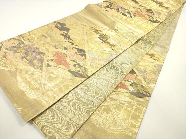 平和屋着物◎佐賀錦 両面 六通柄袋帯 天井飛鶴草花文 金糸 正絹 逸品 DABF5114xg
