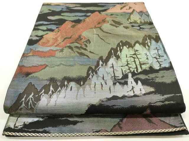 平和屋着物◎六通柄袋帯 遠山樹林文 黒地 金銀糸 正絹 逸品 DABF5134xg
