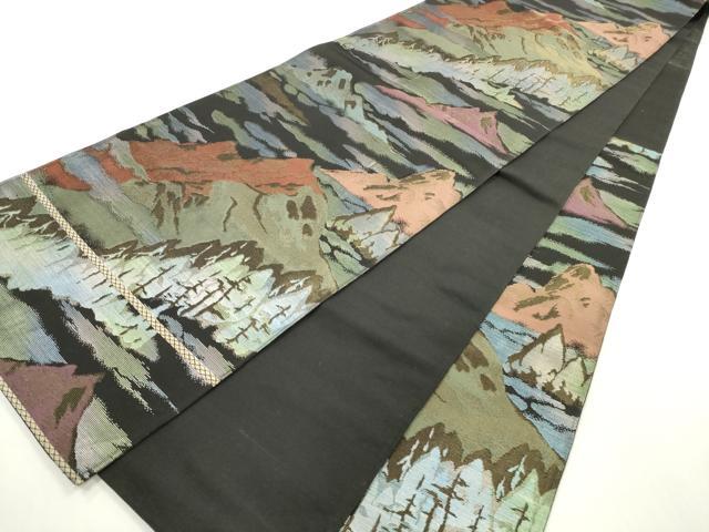 平和屋着物◎六通柄袋帯 遠山樹林文 黒地 金銀糸 正絹 逸品 DABF5134xg