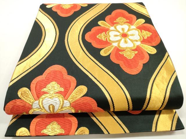 平和屋着物◎六通柄袋帯 唐織 立涌正倉院花文 黒地 金糸 正絹 逸品 DABF5137xg