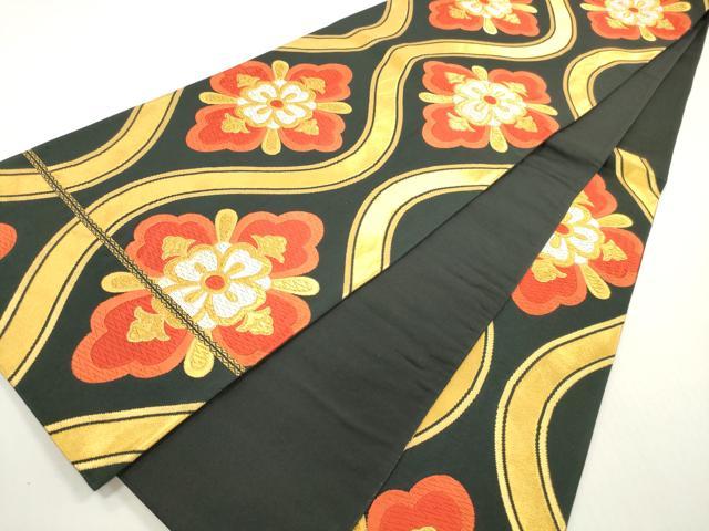 平和屋着物◎六通柄袋帯 唐織 立涌正倉院花文 黒地 金糸 正絹 逸品 DABF5137xg