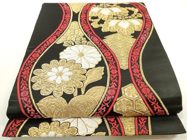 平和屋着物◎六通柄袋帯 唐織 吉祥立涌花文 黒地 金糸 正絹 逸品 DABF5261xg