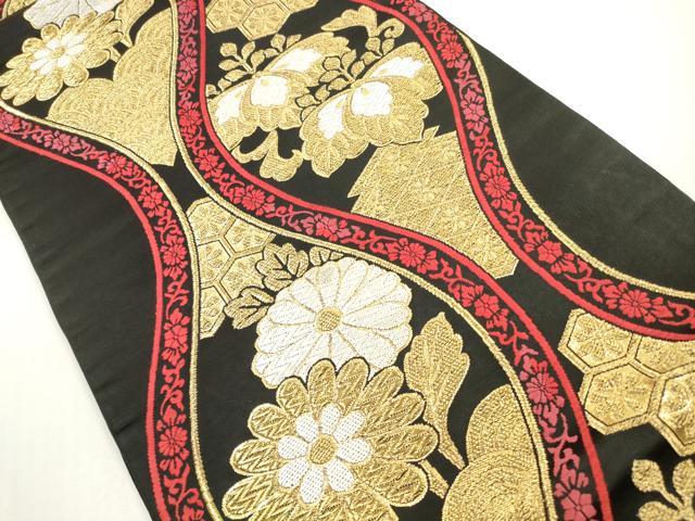 平和屋着物◎六通柄袋帯 唐織 吉祥立涌花文 黒地 金糸 正絹 逸品 DABF5261xg