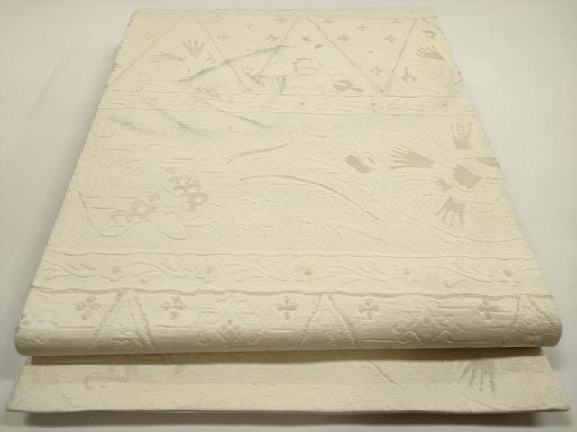 平和屋着物◎六通柄袋帯 ふくれ織 横段花鳥文 銀糸 正絹 逸品 DABF5272xg