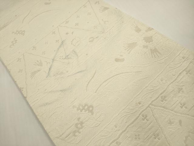 平和屋着物◎六通柄袋帯 ふくれ織 横段花鳥文 銀糸 正絹 逸品 DABF5272xg