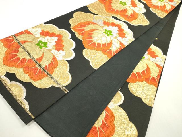 平和屋着物◎六通柄袋帯 唐織 雲取り花文 黒地 金銀糸 正絹 逸品 DABF5275xg