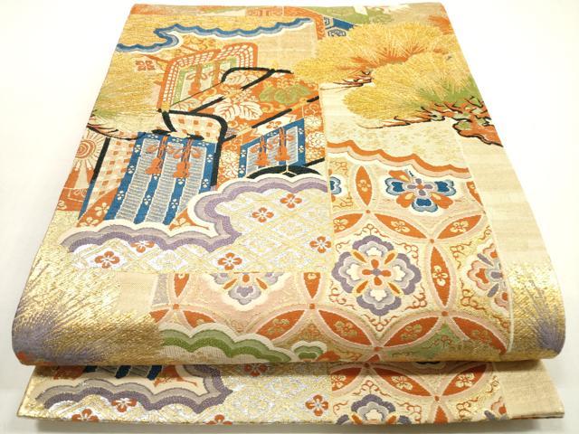 平和屋着物◎全通柄袋帯 唐織 吉祥御所車花文 金銀糸 正絹 逸品 DABF5305xg