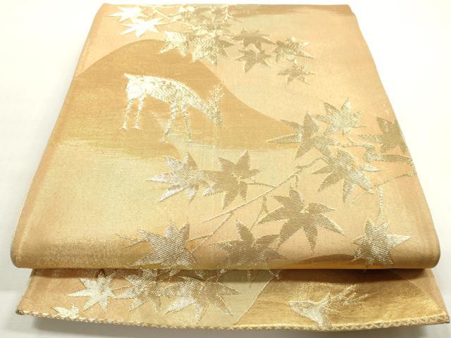 平和屋着物◎六通柄袋帯 枝楓文 鹿 シカ 金糸 正絹 逸品 DABF5307xg