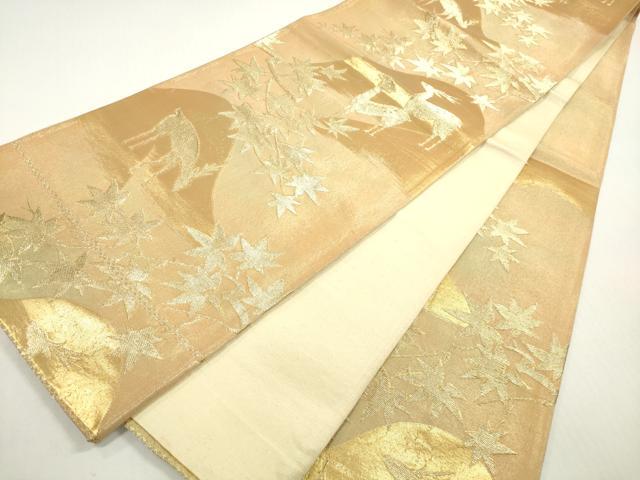 平和屋着物◎六通柄袋帯 枝楓文 鹿 シカ 金糸 正絹 逸品 DABF5307xg