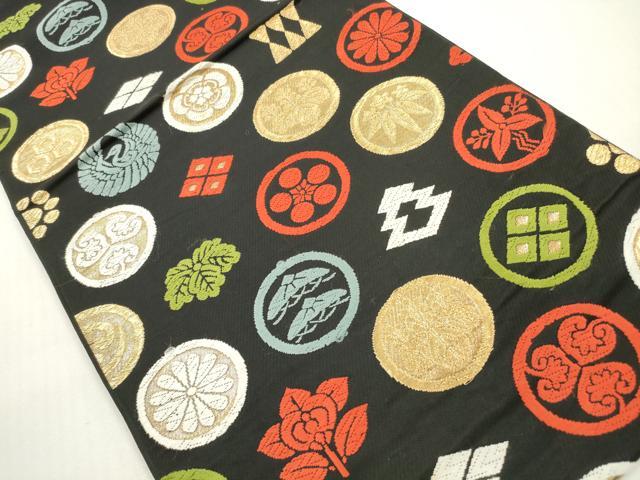 平和屋着物◎六通柄 本袋帯 唐織 家紋尽くし 黒地 金糸 正絹 逸品 DABF5336xg