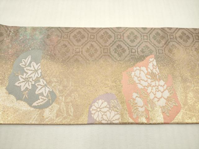 平和屋着物◎九寸名古屋帯 草花文 金糸 正絹 逸品 DABF5355xg