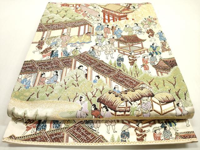 平和屋着物◎六通柄袋帯 人物風景文 金糸 正絹 逸品 DABF5382xg