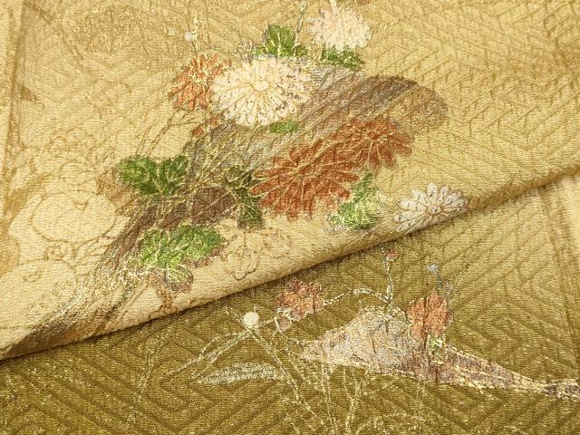 平和屋着物▽訪問着 単衣 扇花文 暈し染め 金彩 金通し地 ロング丈 正絹 逸品 DABF5526du