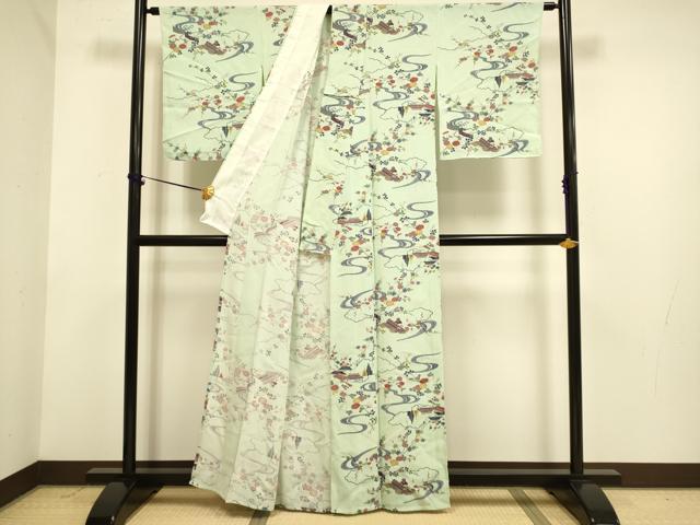 平和屋着物▽上質な小紋 単衣 流水風景花文 正絹 逸品 未使用 DABF5534du