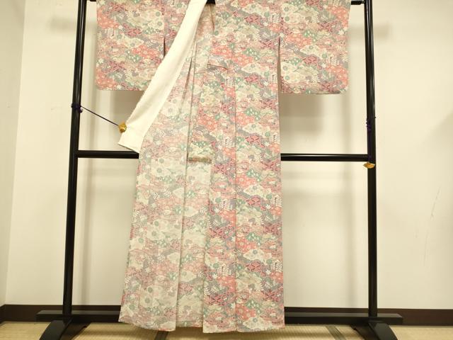 平和屋着物▽上質な小紋 単衣 辻が花 雲取吉祥風景花鳥文 鬼しぼ縮緬 正絹 逸品 DABF5579du