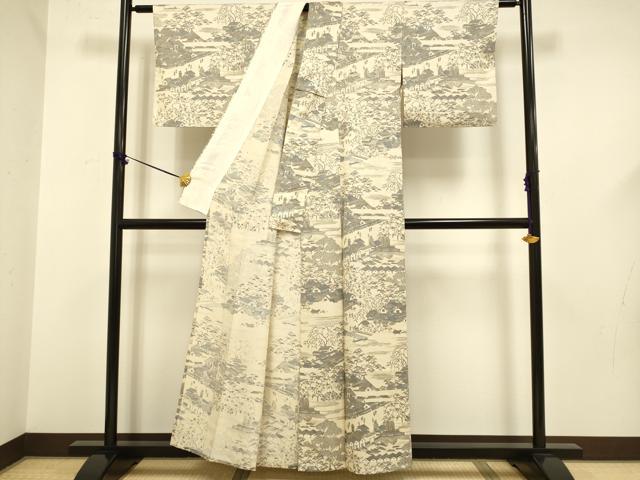 平和屋着物▽上質な小紋 単衣 人物風景花文 正絹 逸品 DABF5594du
