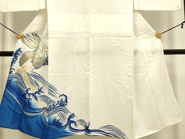 平和屋着物▽男性 単衣 訪問着 立波 鷹 鷲 暈し染め 金彩 洗える着物 DABF5608du