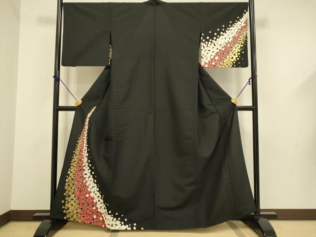 平和屋着物▽訪問着 単衣 箔散らし文 黒地 金銀彩 洗える着物 DABF5615du