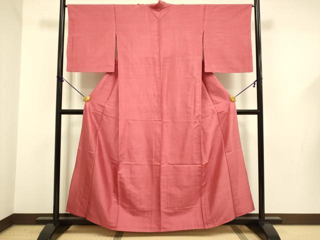平和屋着物▽上質な紬 単衣 色無地 濃い銀朱色 正絹 逸品 DABF5617du