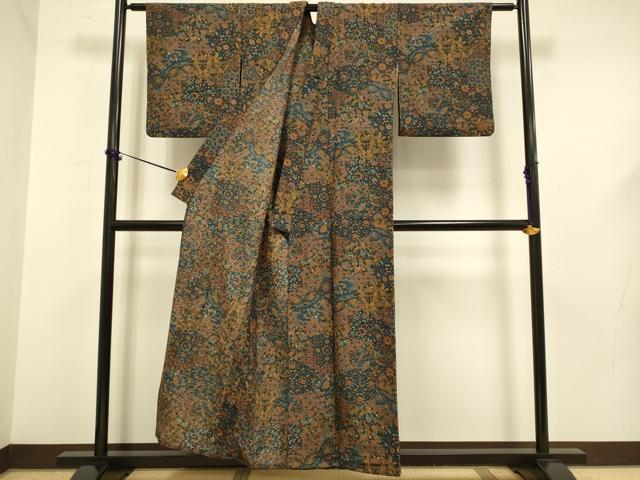 平和屋着物▽小紋 単衣 更紗花文 洗える着物 DABF5620du