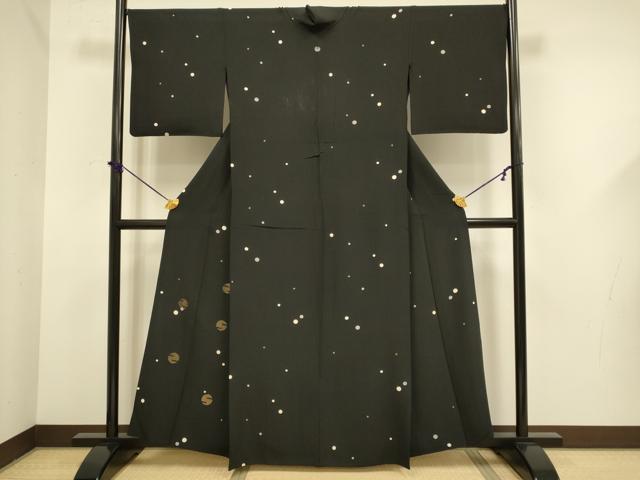 平和屋着物▽訪問着 単衣 丸文 黒地 金糸 正絹 逸品 DABF5631du