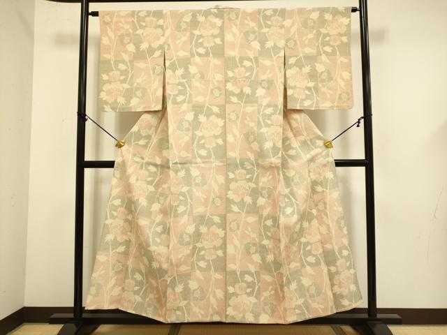 平和屋着物▽本塩沢 単衣 草花文 正絹 逸品 DABF5641du