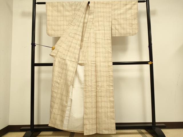 平和屋着物▽上質な紬 単衣 格子 正絹 逸品 DABF5646du