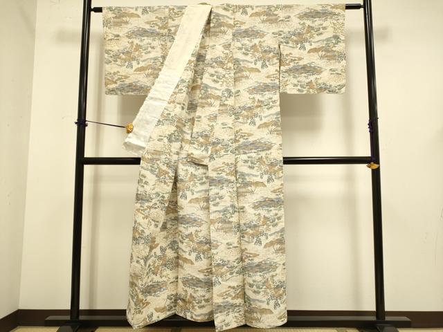 平和屋着物▽上質な紬 単衣 風景文 正絹 逸品 DABF5647du