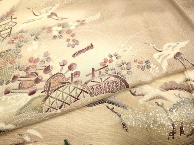 平和屋着物▽訪問着 単衣 飛鶴風景鴛鴦松文 暈し染め 金銀彩 正絹 逸品 DABF5653du