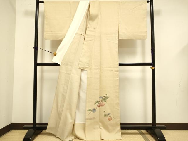 平和屋着物▽訪問着 単衣 紬地 作家物 柿 正絹 逸品 DABF5656du